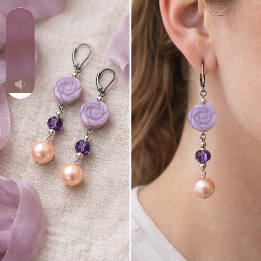 Lavender Rose Drop Earrings Lever Back Purple Crystal Pearl Dangle 3” Statement